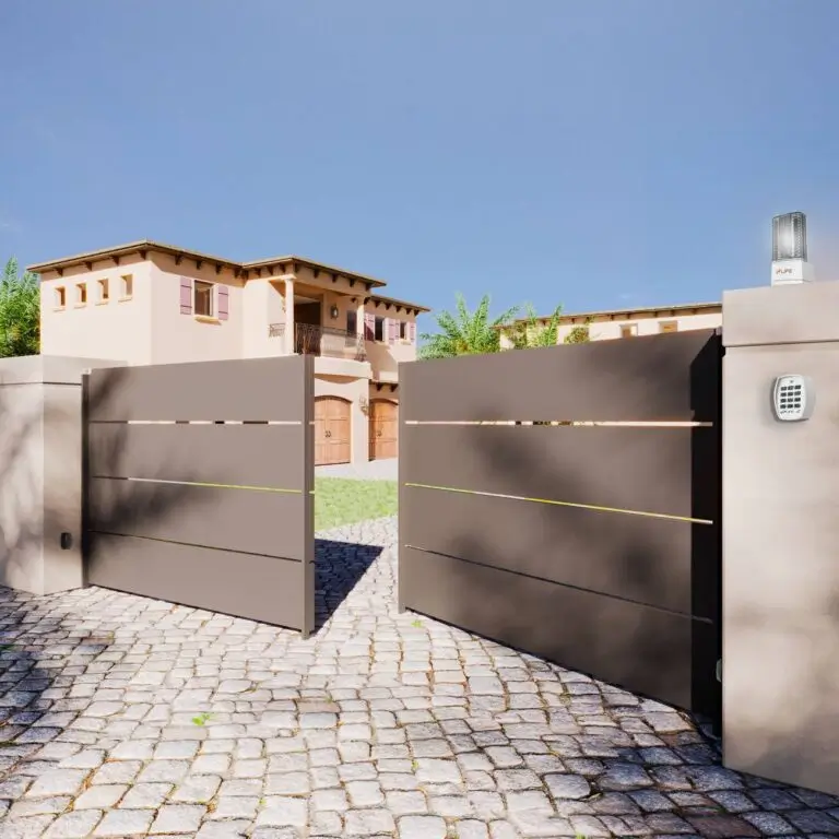 Minimalist brown swing gate with subtle horizontal details, perfectly framing a luxury residence, installed by Gates Wellington.