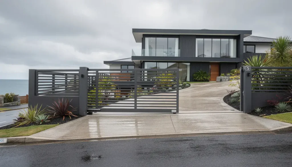 The image depicts a modern aluminium sliding gate installed at the entrance of a contemporary home in Wellington, featuring a sloped driveway. This automated gate enhances the property's security while offering convenience and curb appeal for residential properties.