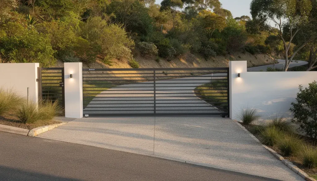 The image features a modern residential gate made of high-quality materials, set against a backdrop of native bush on a hillside property. This stylish gate, which could be a custom wood gate or a combination of aluminium and wood, enhances the home's exterior while providing a functional entrance to the outdoor living space.